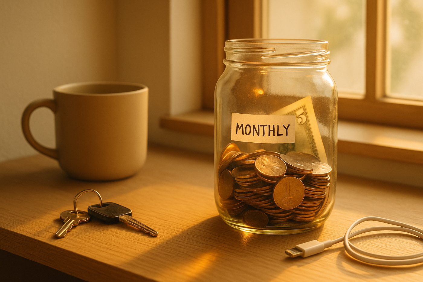 A glass jar of coins on a kitchen shelf, labelled Monthly: the quiet power of recurring giving