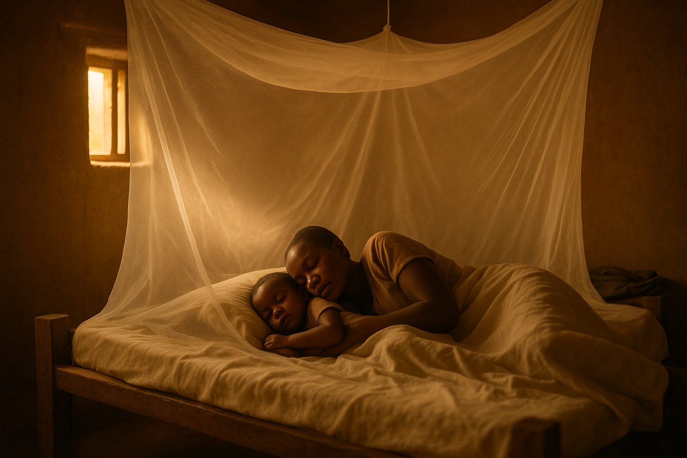A mother and child sleep safely under an insecticide-treated bed net
