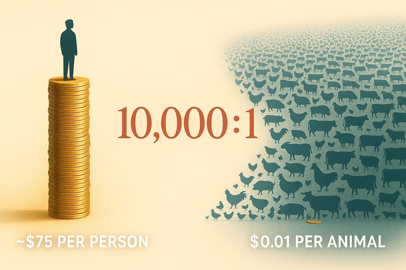The funding ratio: global health receives roughly 75 dollars per person affected while farmed animal welfare receives roughly one cent per animal, a ratio of 10,000 to 1