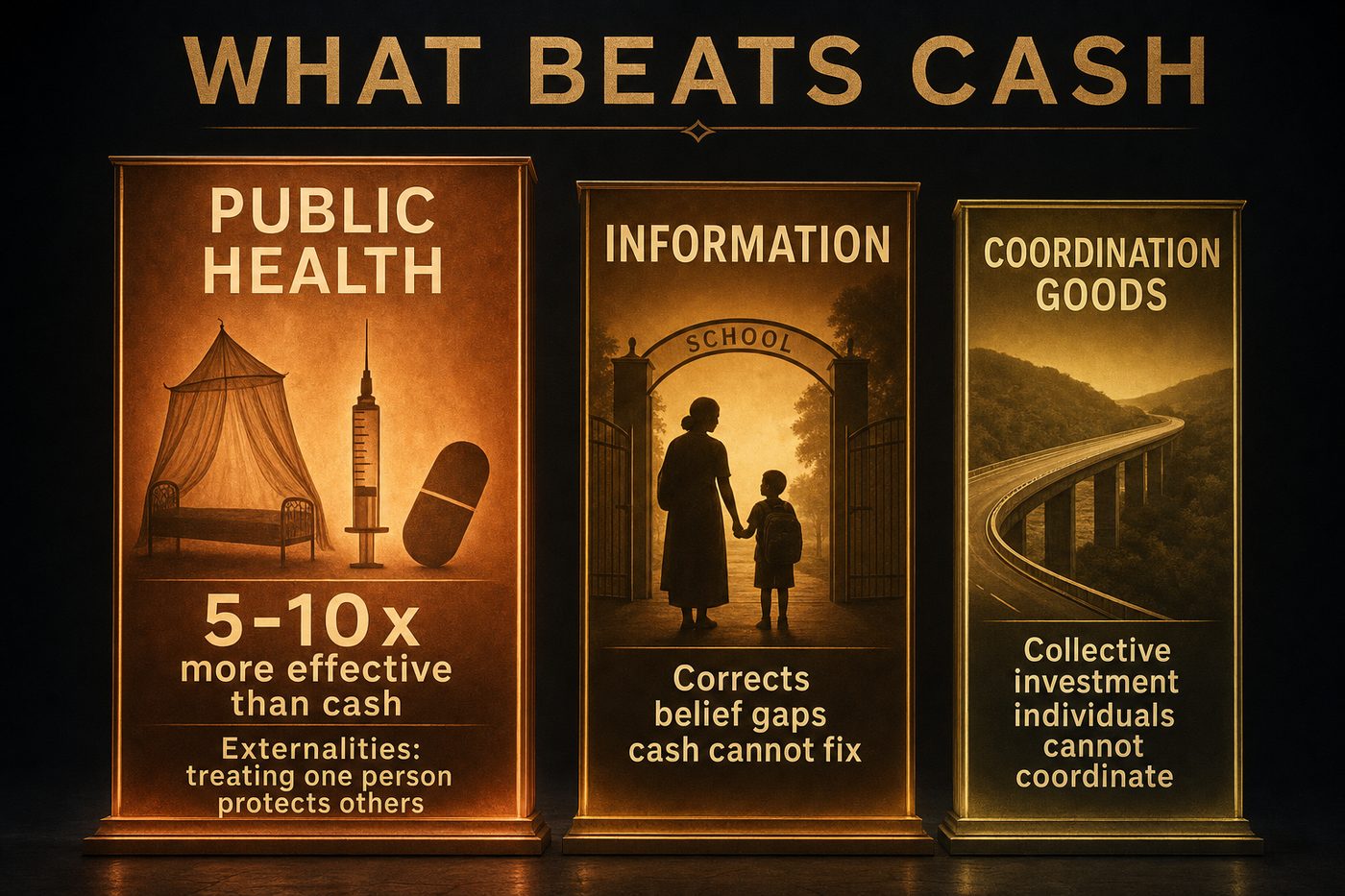 What beats cash: public health interventions (5-10x more effective), information that corrects belief gaps, and coordination goods individuals cannot provide alone