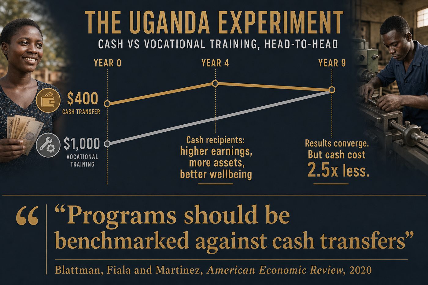 The Uganda experiment: $400 cash outperformed $1,000 vocational training at year 4, and results converged by year 9, but cash cost 2.5x less