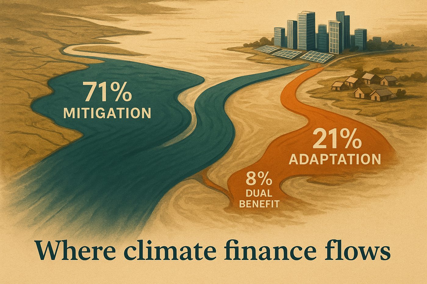 How climate finance is allocated: 71% mitigation, 21% adaptation, 8% dual benefit