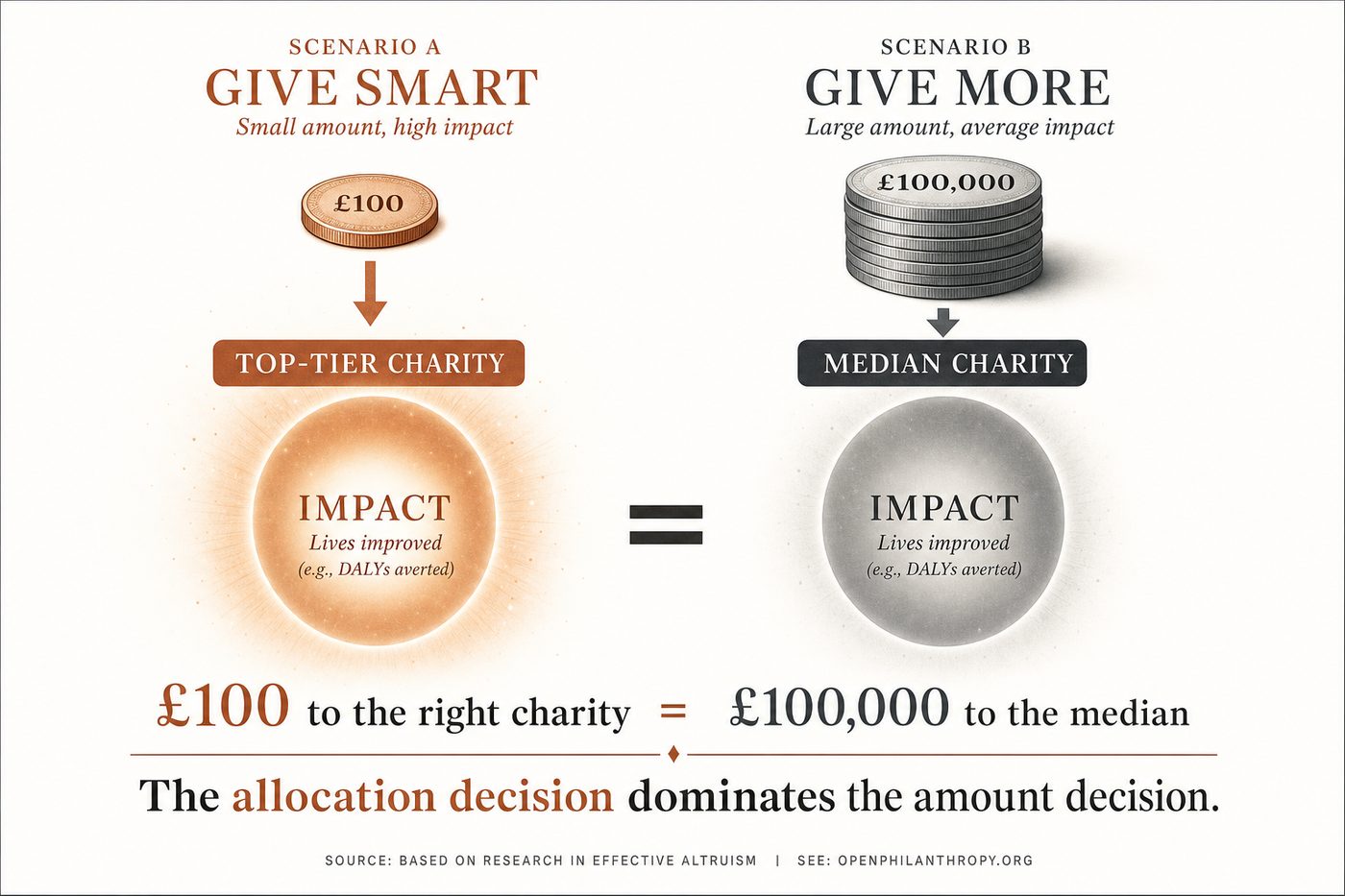£100 to the right charity equals £100,000 to the median: the allocation decision dominates the amount decision