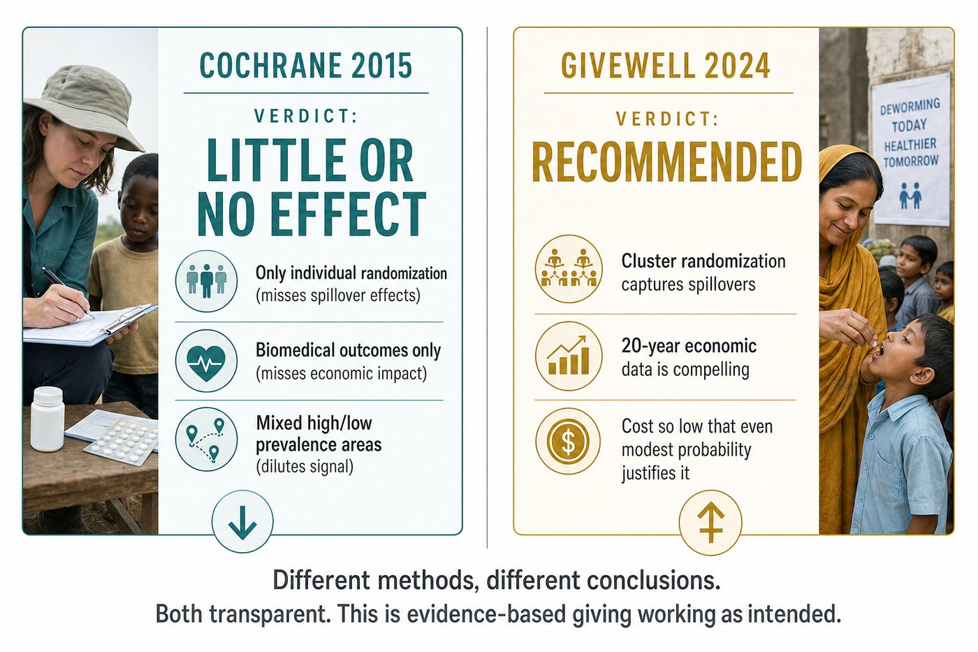 Cochrane 2015 found little or no effect, GiveWell 2024 still recommends: different methods, different conclusions, both transparent