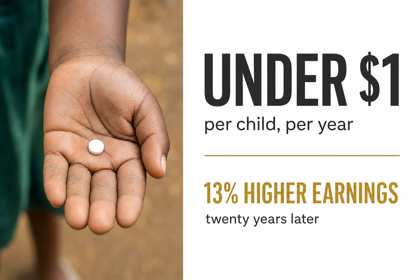 Under $1 per child per year for a deworming tablet that leads to 13% higher earnings twenty years later