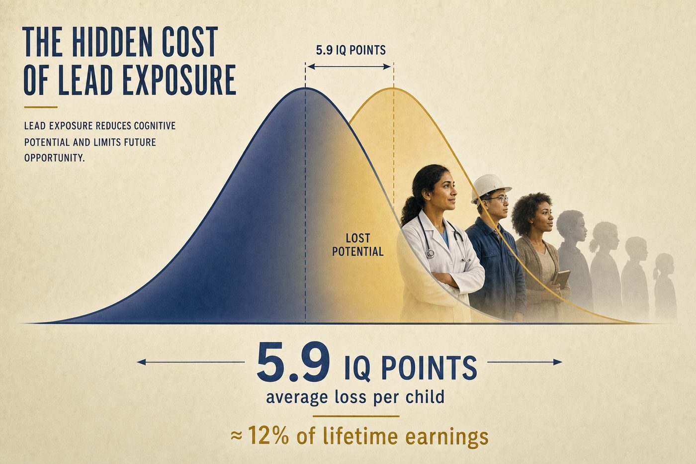 Children in low and middle income countries lose an average of 5.9 IQ points from lead exposure, costing roughly 12% of lifetime earnings